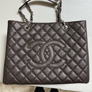 CHANEL grand shopper tote caviar quilted brown leather
